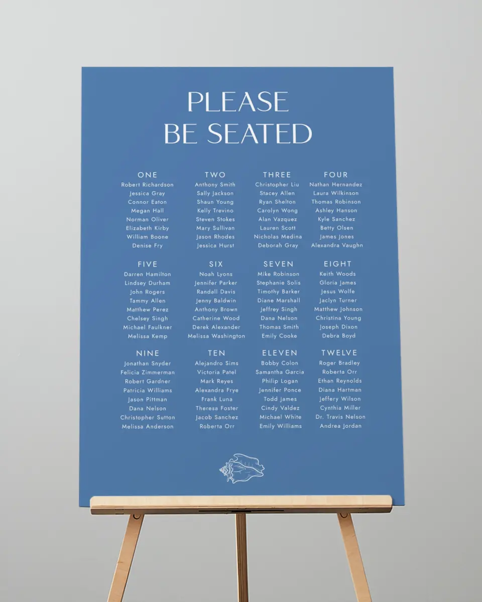 This is a 20" x 28" Seating Chart Sign called Seaside Serenade printed in full color