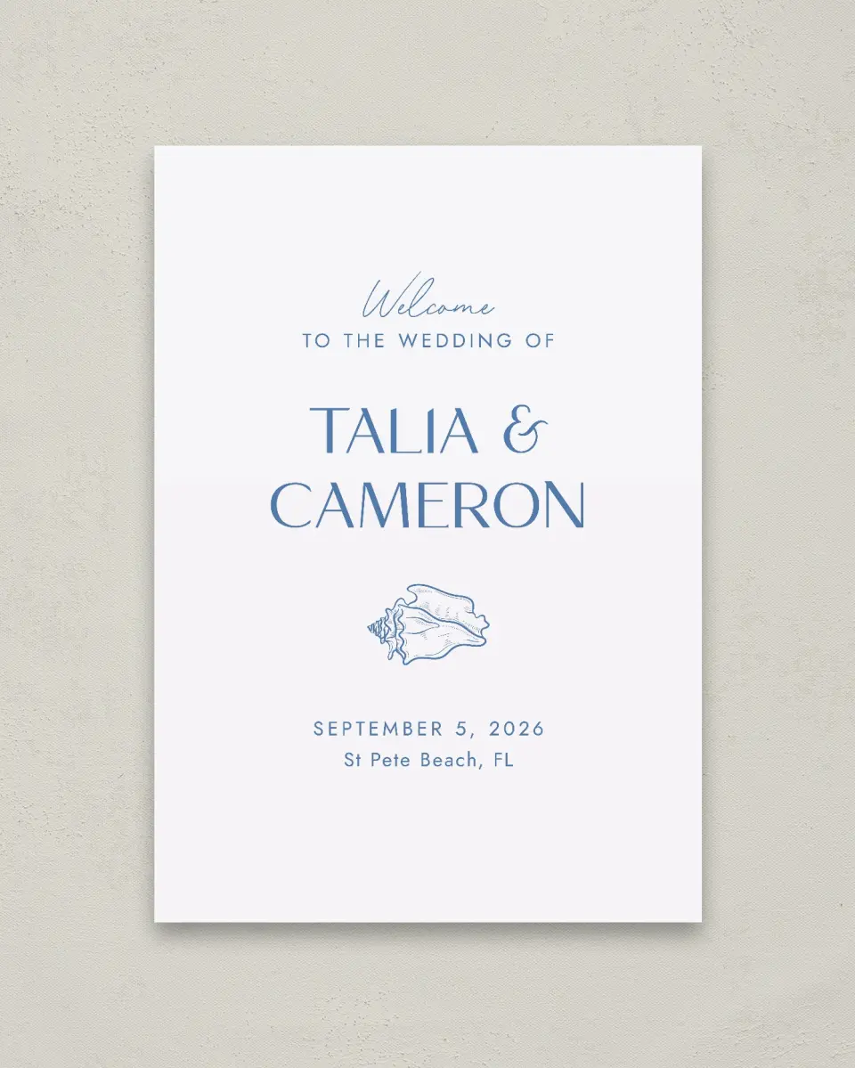 This is a 20" x 28" Welcome Sign called Seaside Serenade printed in full color with Silver foil