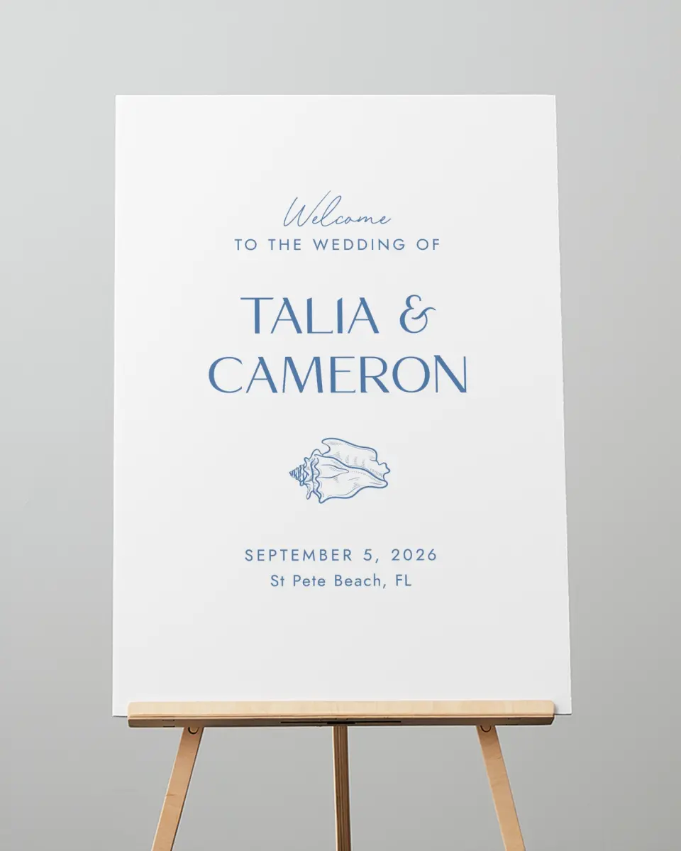 This is a 20" x 28" Welcome Sign called Seaside Serenade printed in full color with Silver foil