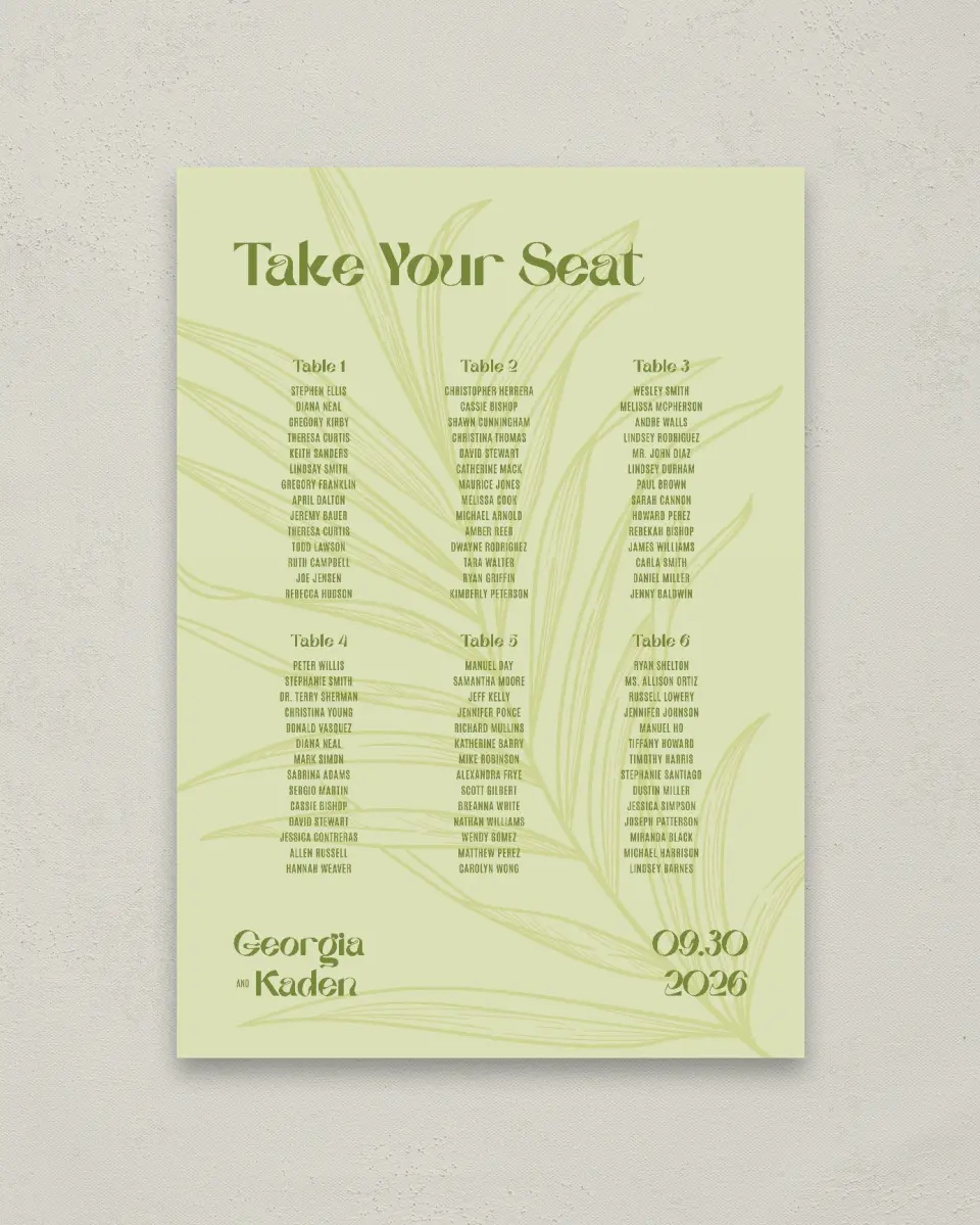 This is a 20" x 28" Seating Chart Sign called Zephyr printed in full color