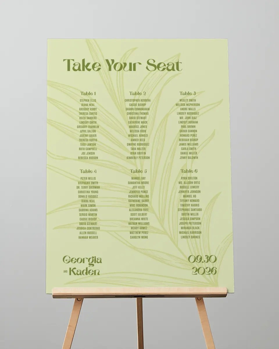 This is a 20" x 28" Seating Chart Sign called Zephyr printed in full color