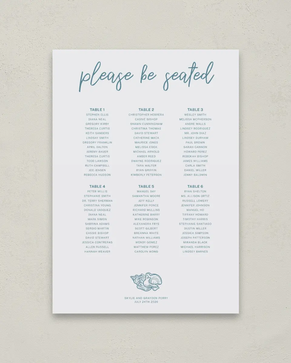 This is a 20" x 28" Seating Chart Sign called I Hear Wedding Shells printed in full color