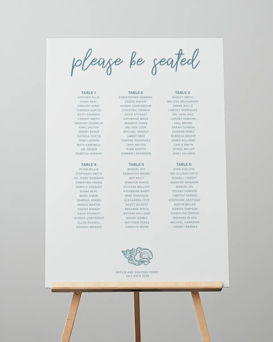 This is a 20" x 28" Seating Chart Sign called I Hear Wedding Shells printed in full color