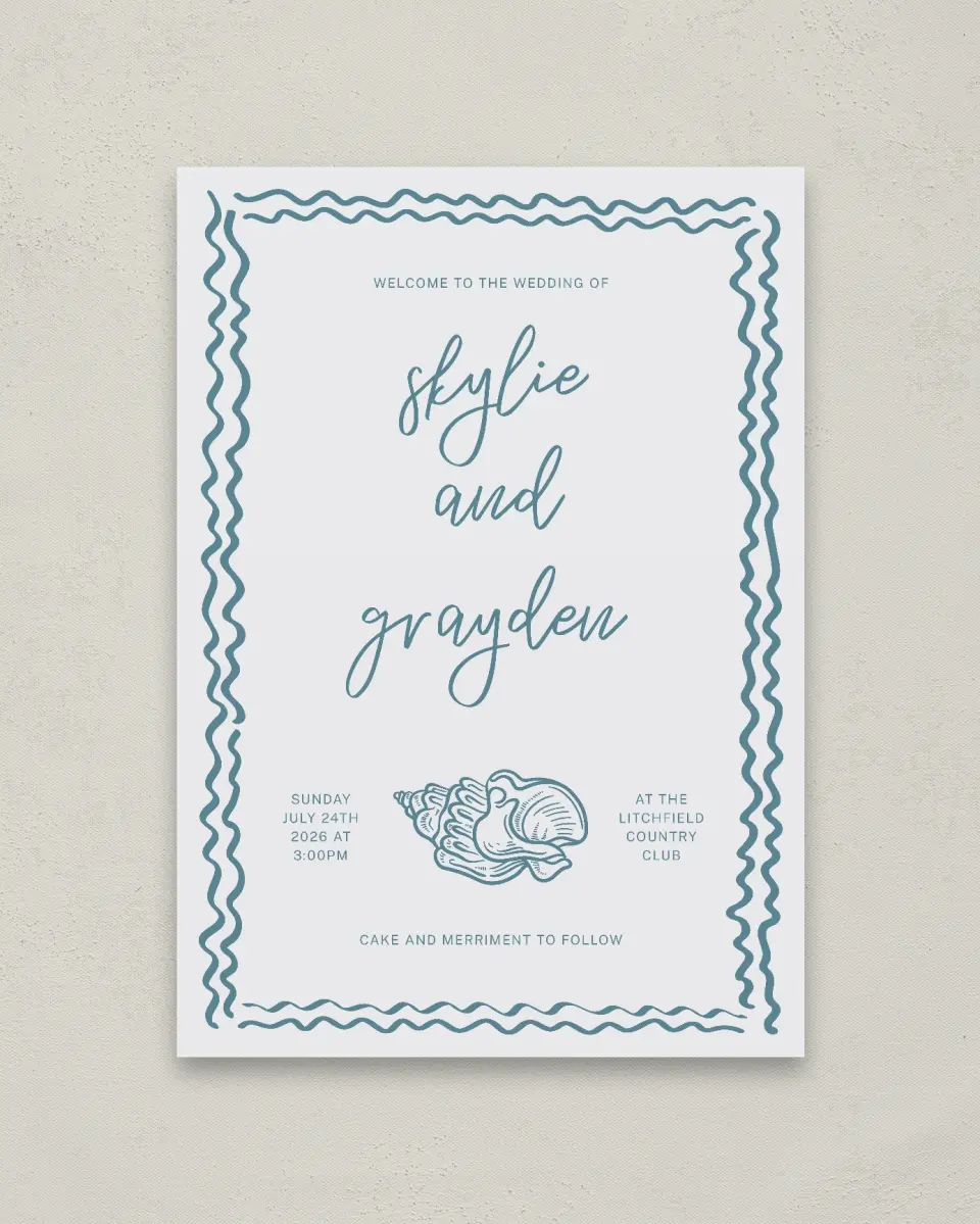 This is a 20" x 28" Welcome Sign called I Hear Wedding Shells printed in full color