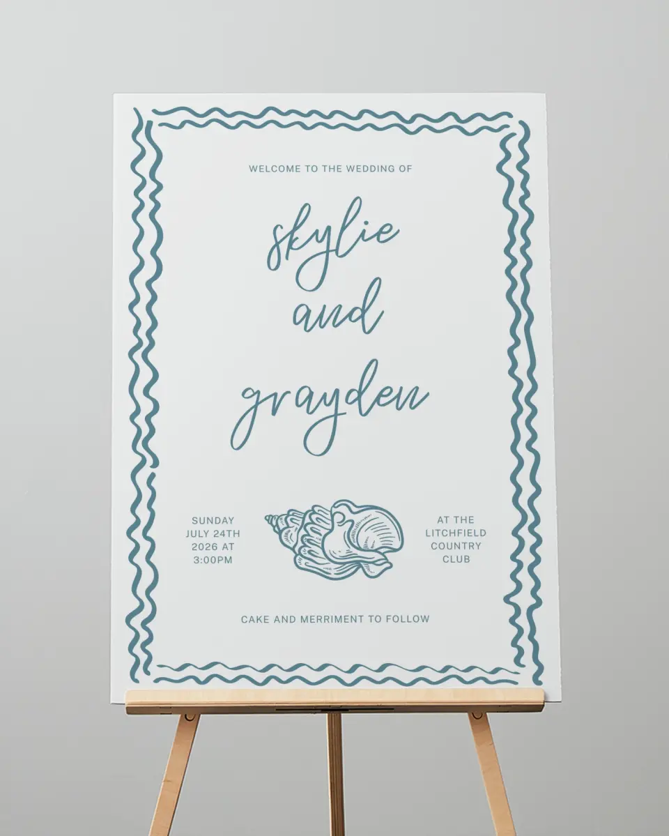 This is a 20" x 28" Welcome Sign called I Hear Wedding Shells printed in full color