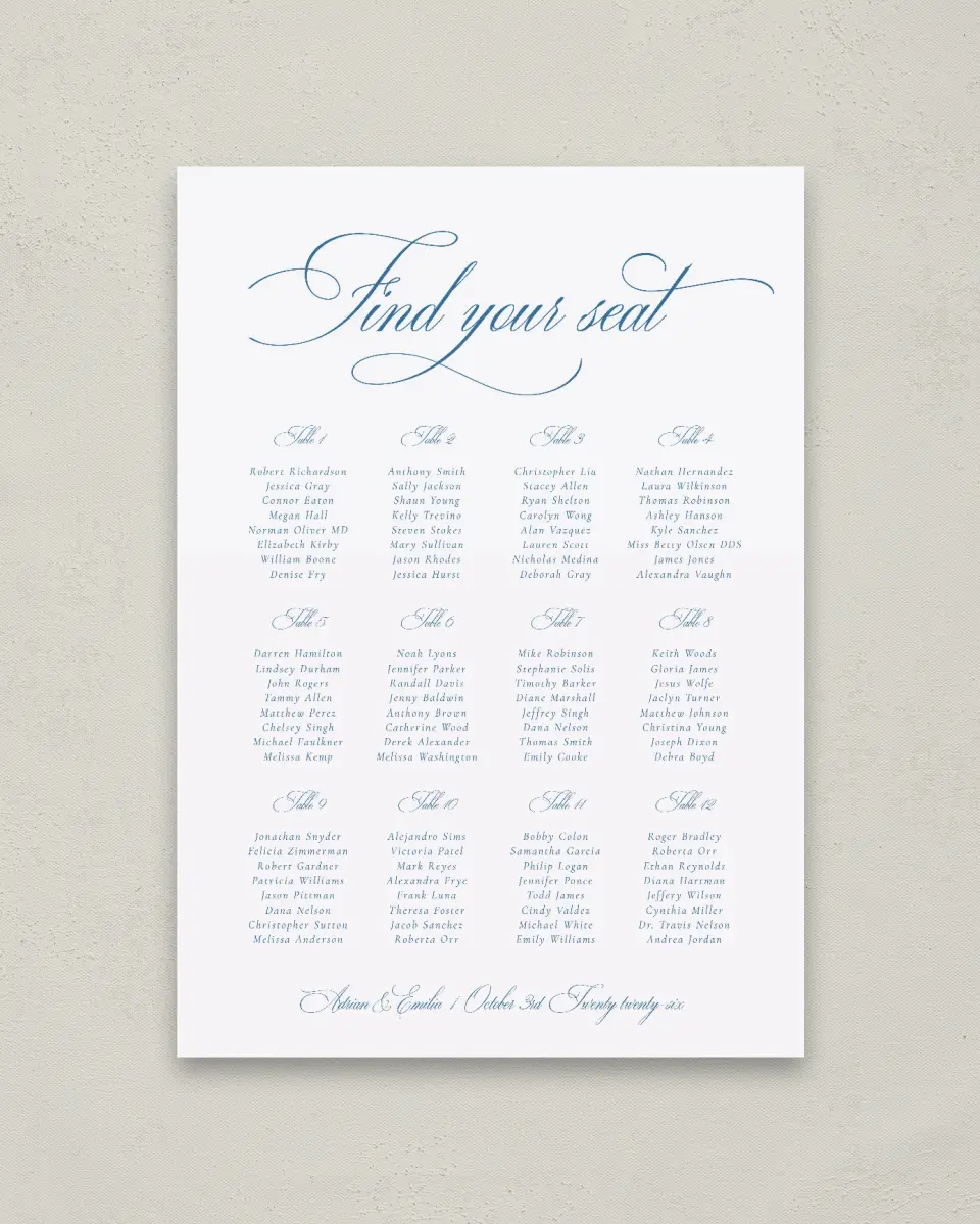 This is a 20" x 28" Seating Chart Sign called Blue Toile Romance printed in full color