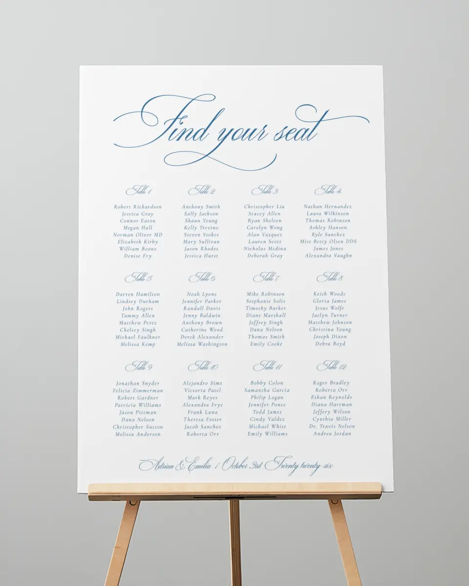 This is a 20" x 28" Seating Chart Sign called Blue Toile Romance printed in full color