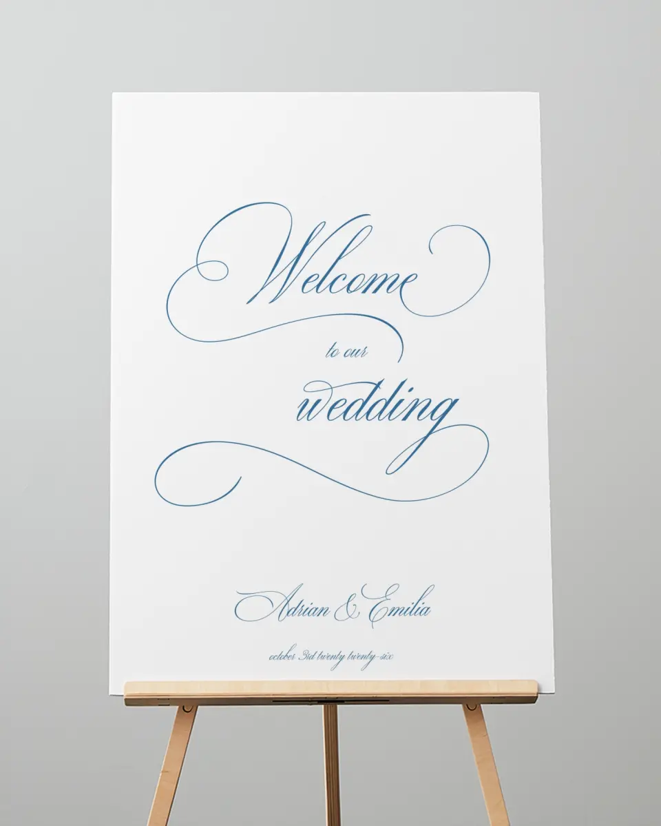 This is a 20" x 28" Welcome Sign called Blue Toile Romance printed in full color