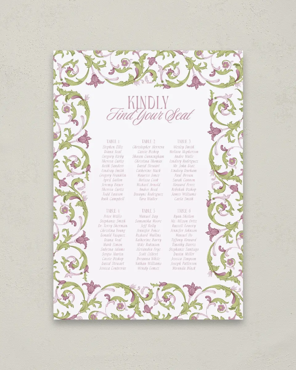 This is a 20" x 28" Seating Chart Sign called Ornate Garden printed in full color