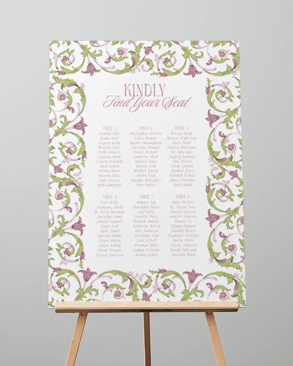 This is a 20" x 28" Seating Chart Sign called Ornate Garden printed in full color