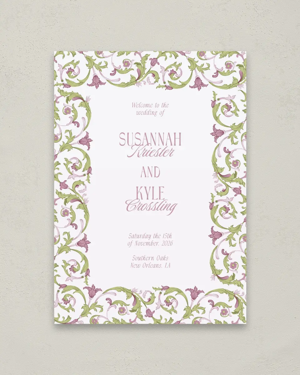 This is a 20" x 28" Welcome Sign called Ornate Garden printed in full color with Silver foil