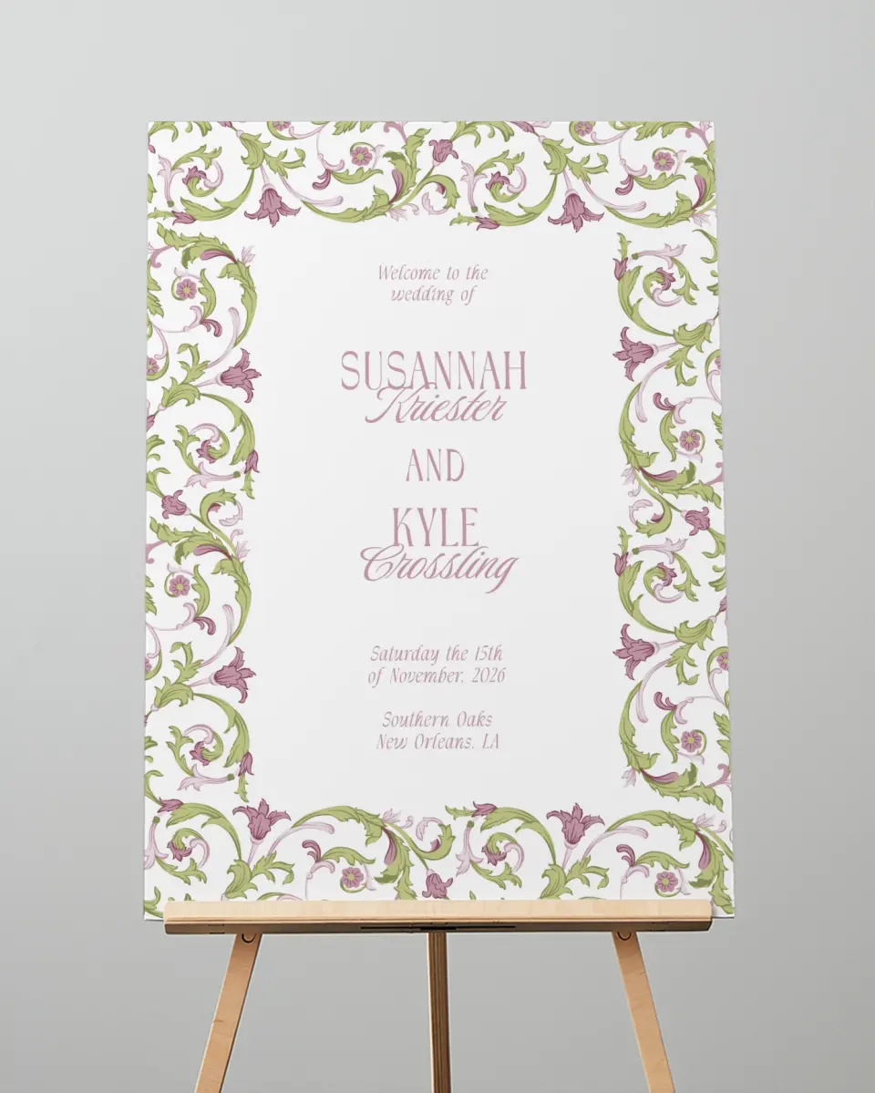 This is a 20" x 28" Welcome Sign called Ornate Garden printed in full color with Silver foil