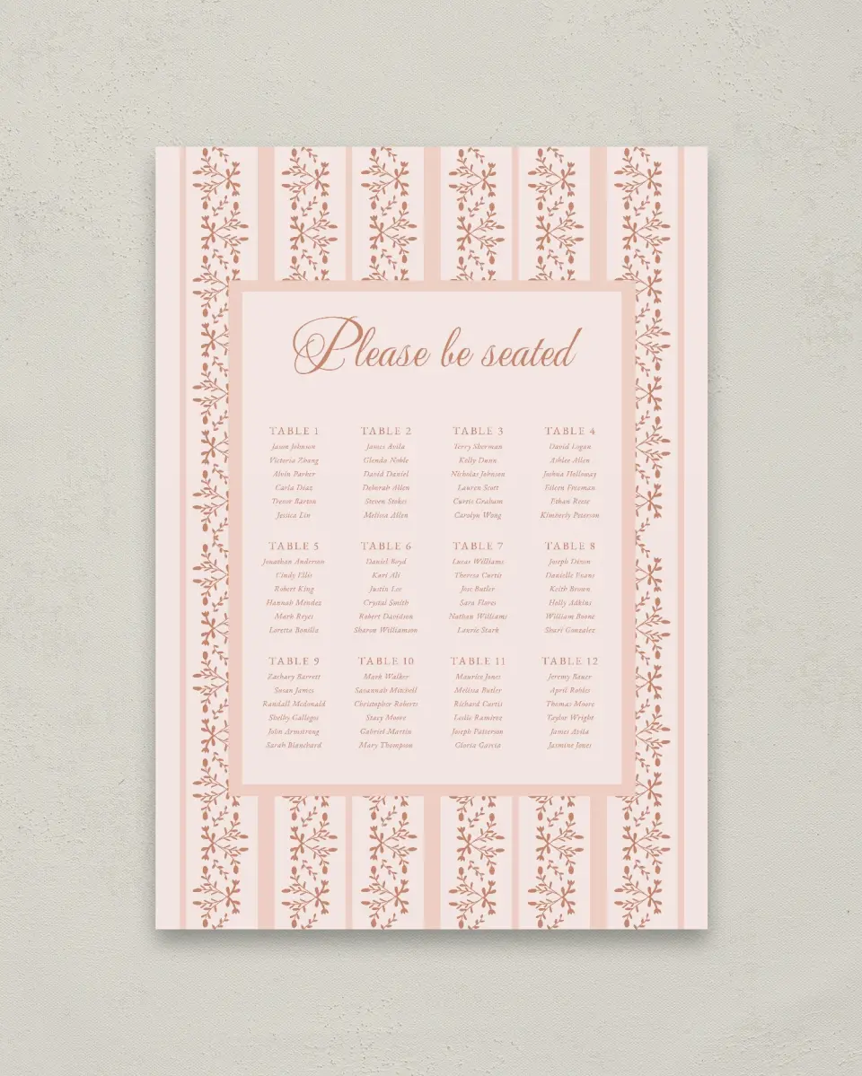 This is a 20" x 28" Seating Chart Sign called Patterned Love printed in full color