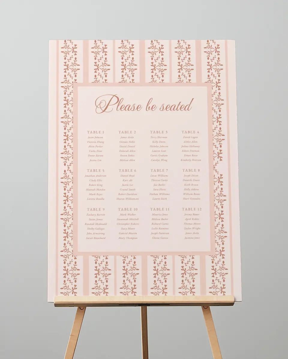 This is a 20" x 28" Seating Chart Sign called Patterned Love printed in full color