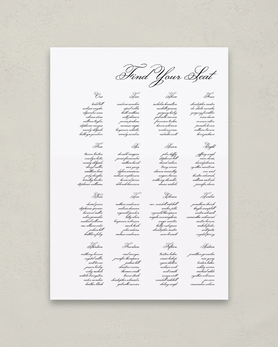 This is a 20" x 28" Seating Chart Sign called Formal Script printed in full color