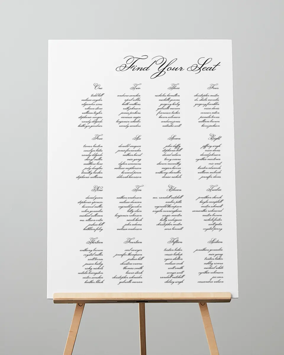 This is a 20" x 28" Seating Chart Sign called Formal Script printed in full color