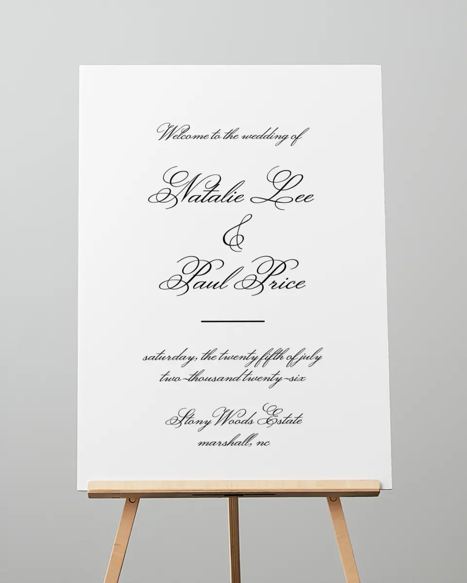 This is a 20" x 28" Welcome Sign called Formal Script printed in full color
