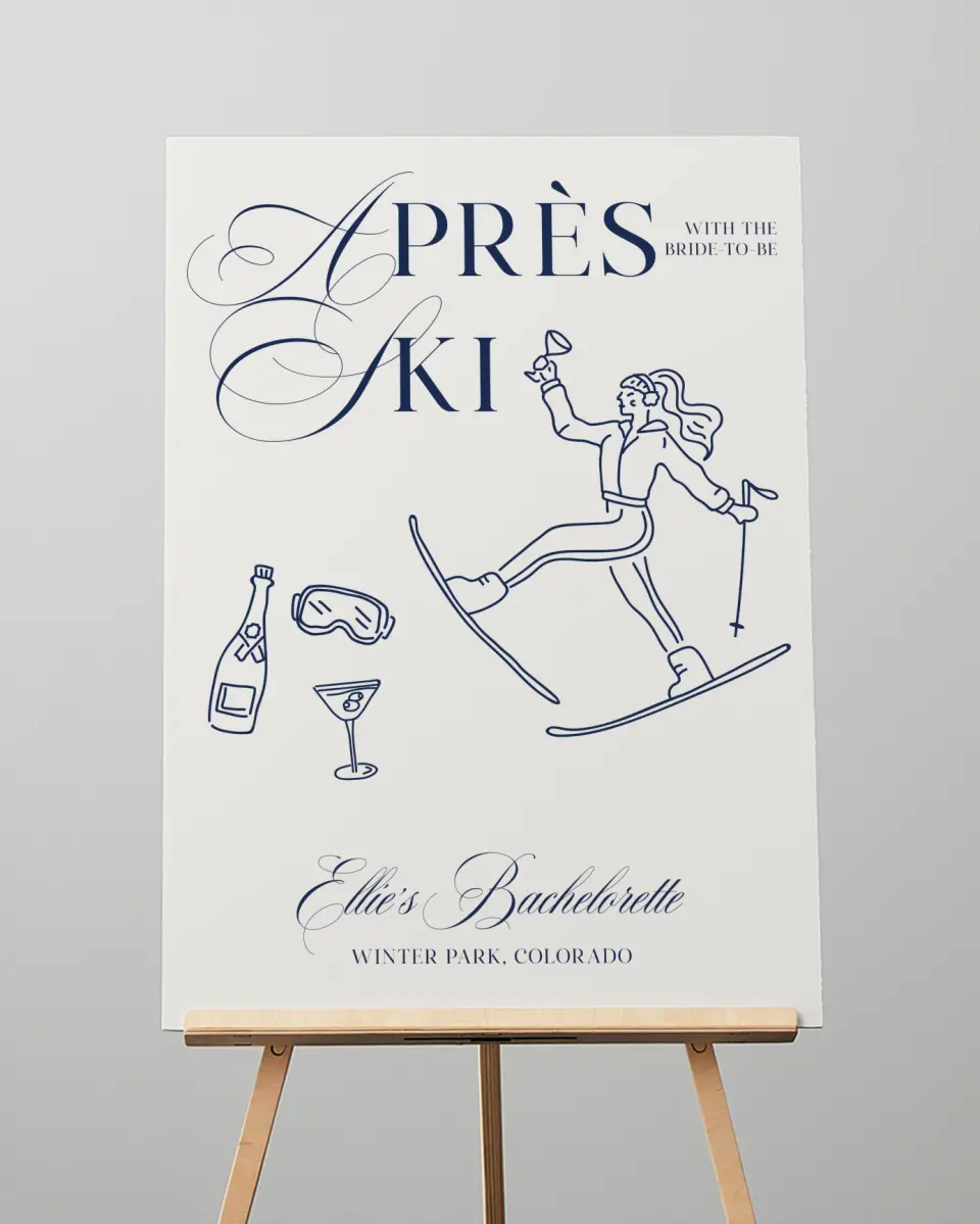 This is a 20" x 28" Welcome Sign called Aprés Ski printed in full color with Silver foil