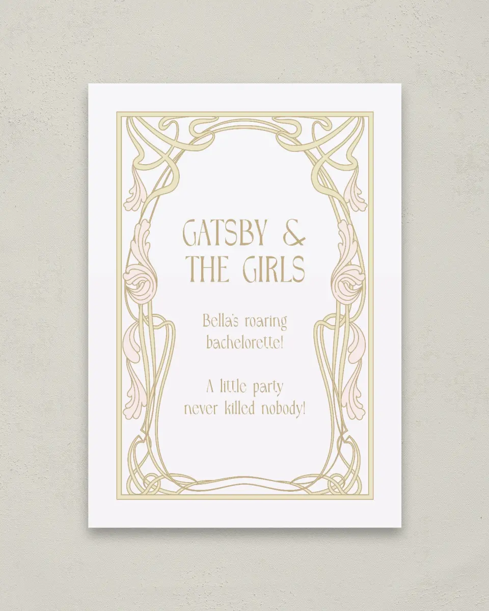 This is a 20" x 28" Welcome Sign called Gatsby and The Girls printed in full color