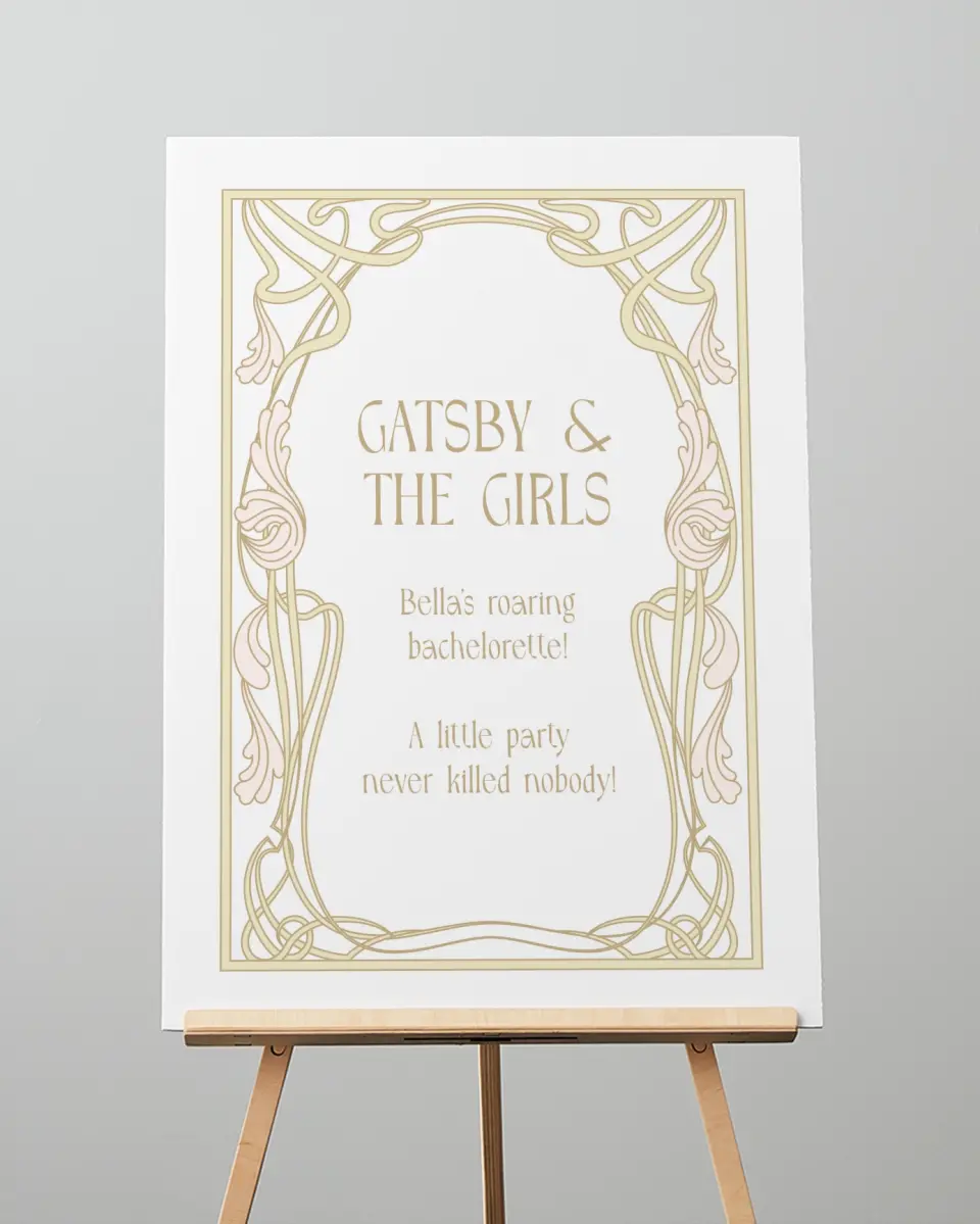 This is a 20" x 28" Welcome Sign called Gatsby and The Girls printed in full color