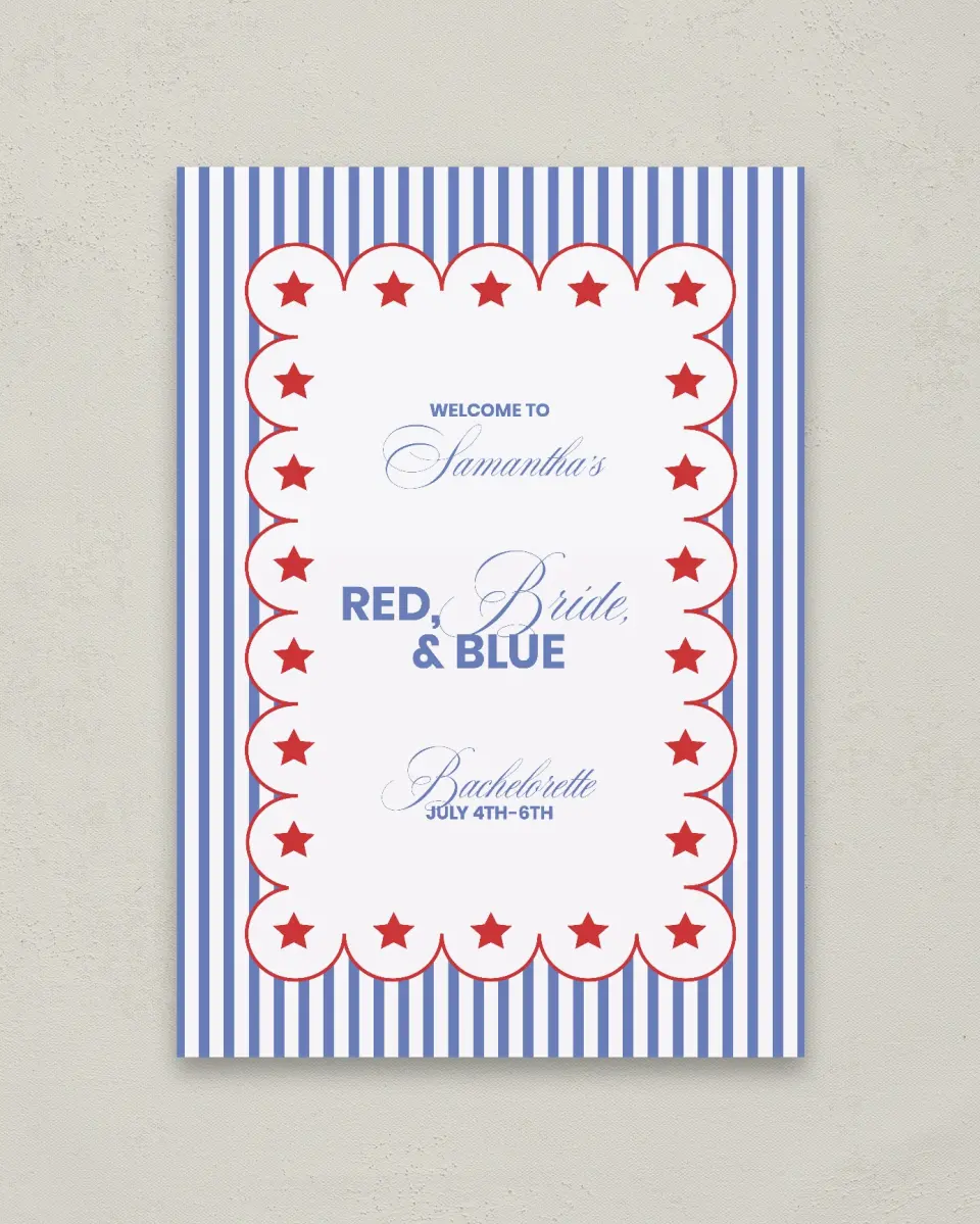 This is a 20" x 28" Welcome Sign called Red, Bride, and Blue printed in full color with Silver foil