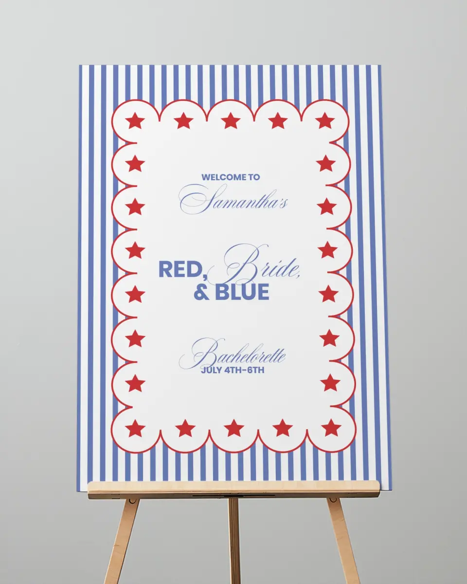 This is a 20" x 28" Welcome Sign called Red, Bride, and Blue printed in full color with Rose Gold foil