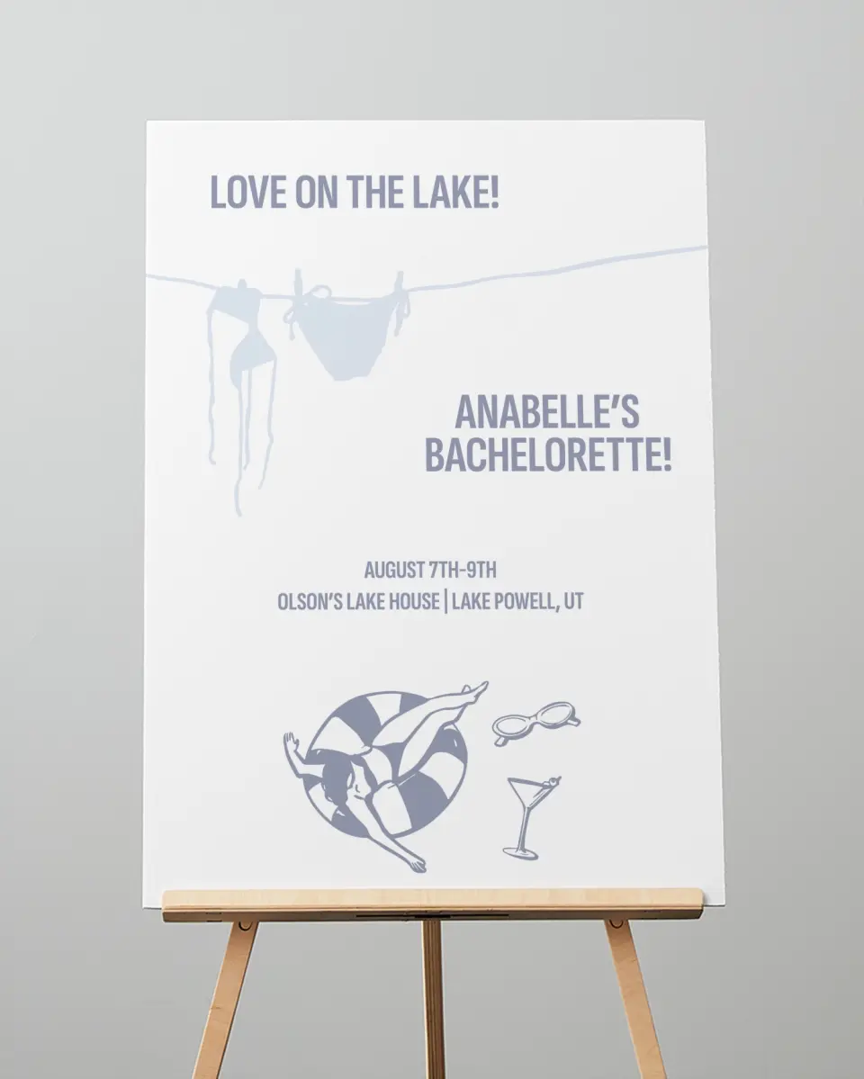 This is a 20" x 28" Welcome Sign called Love on the Lake printed in full color with Rose Gold foil