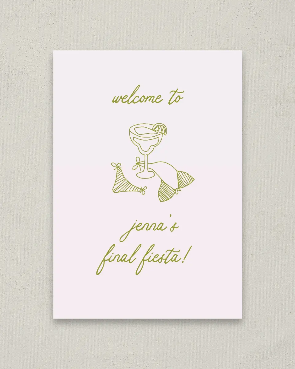 This is a 20" x 28" Welcome Sign called Bride's Last Fiesta printed in full color