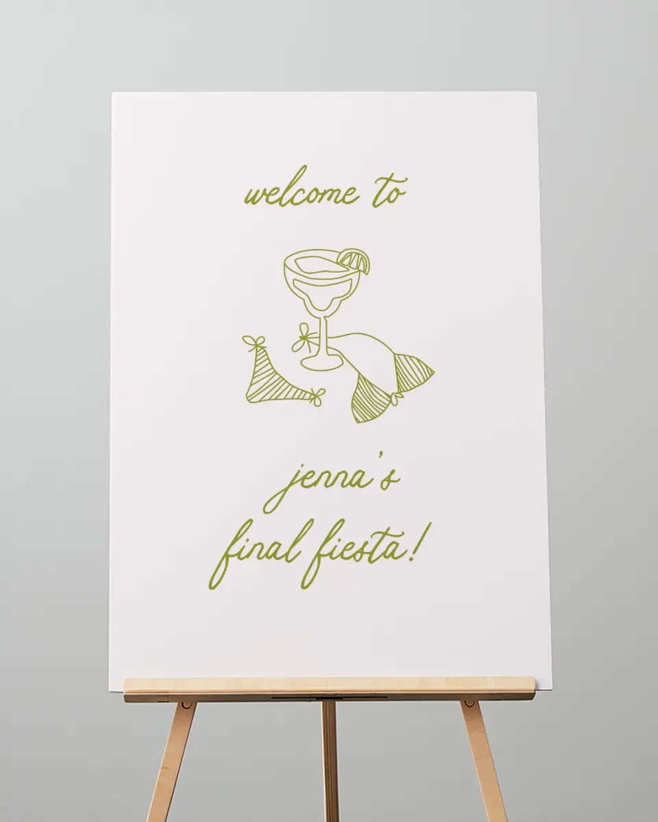 This is a 20" x 28" Welcome Sign called Bride's Last Fiesta printed in full color with Rose Gold foil