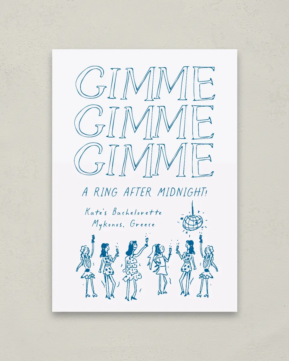 This is a 20" x 28" Welcome Sign called Gimme Gimme Gimme printed in full color