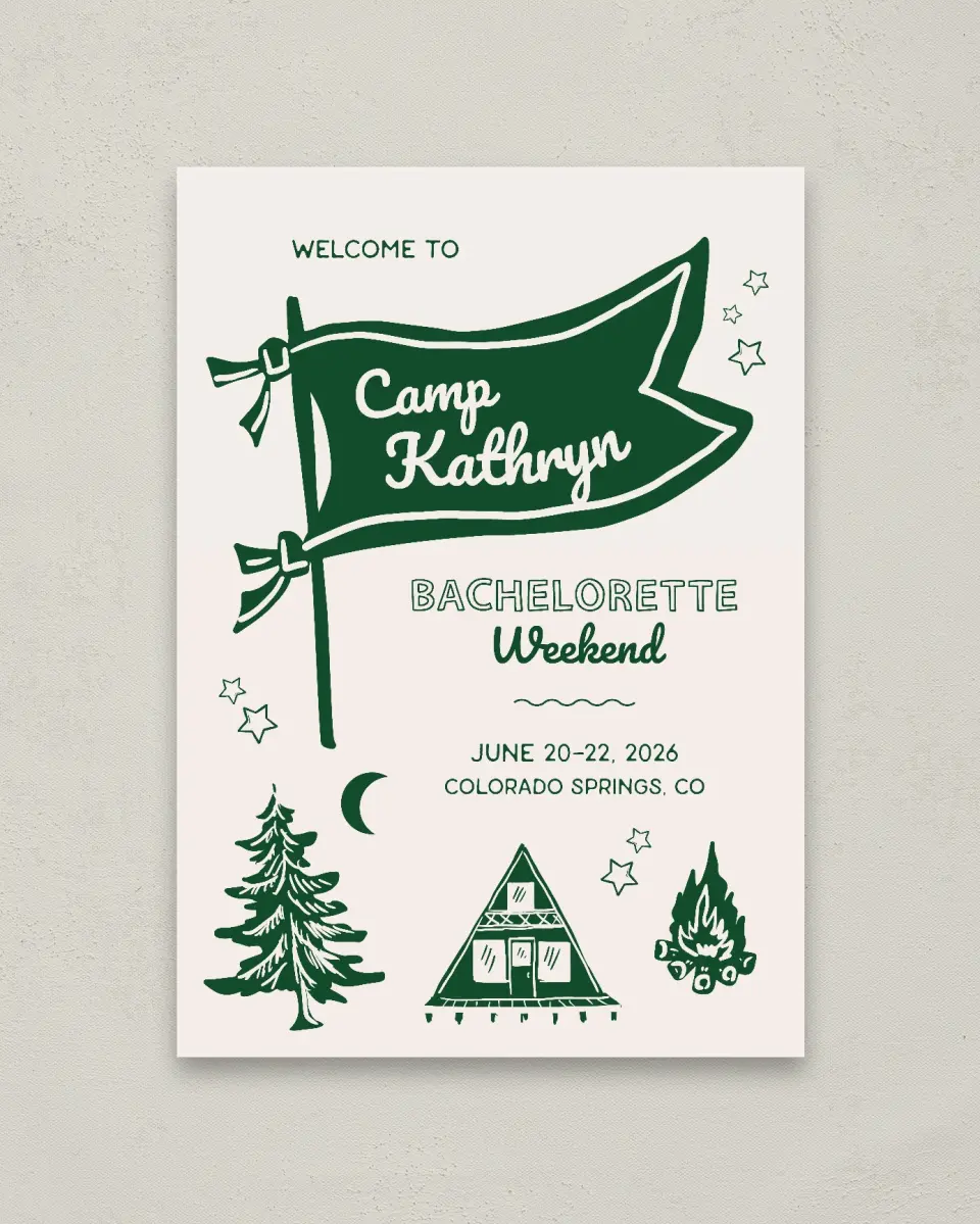 This is a 20" x 28" Welcome Sign called Camp Bach printed in full color