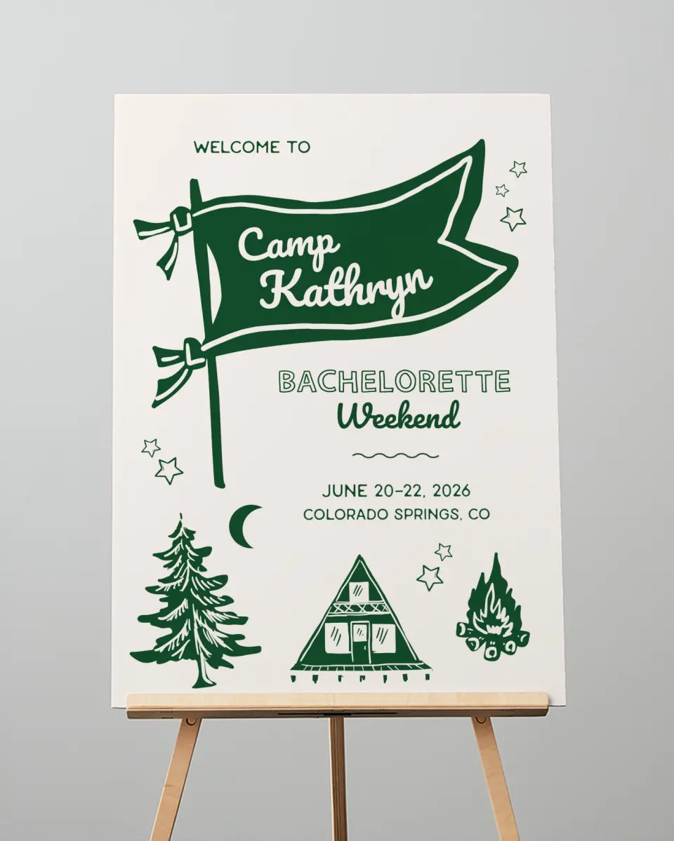 This is a 20" x 28" Welcome Sign called Camp Bach printed in full color