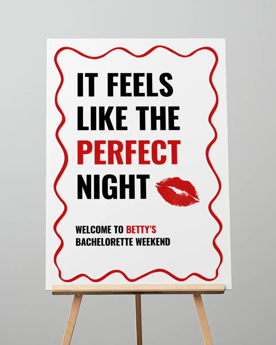 This is a 20" x 28" Welcome Sign called Loving Him Was Red printed in full color with Rose Gold foil