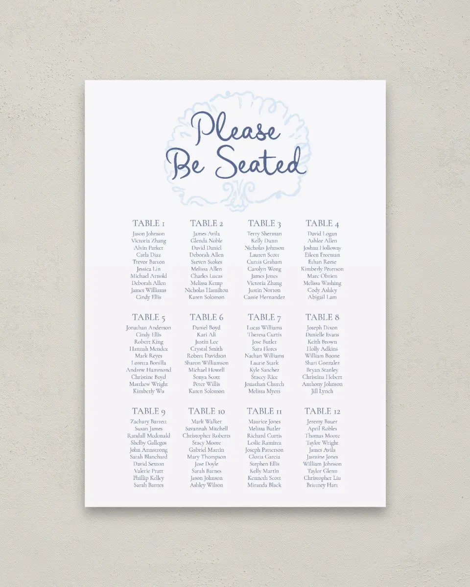 This is a 20" x 28" Seating Chart Sign called Love by the Sea printed in full color