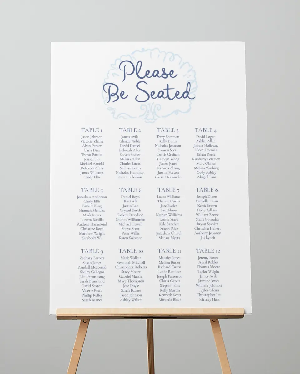 This is a 20" x 28" Seating Chart Sign called Love by the Sea printed in full color