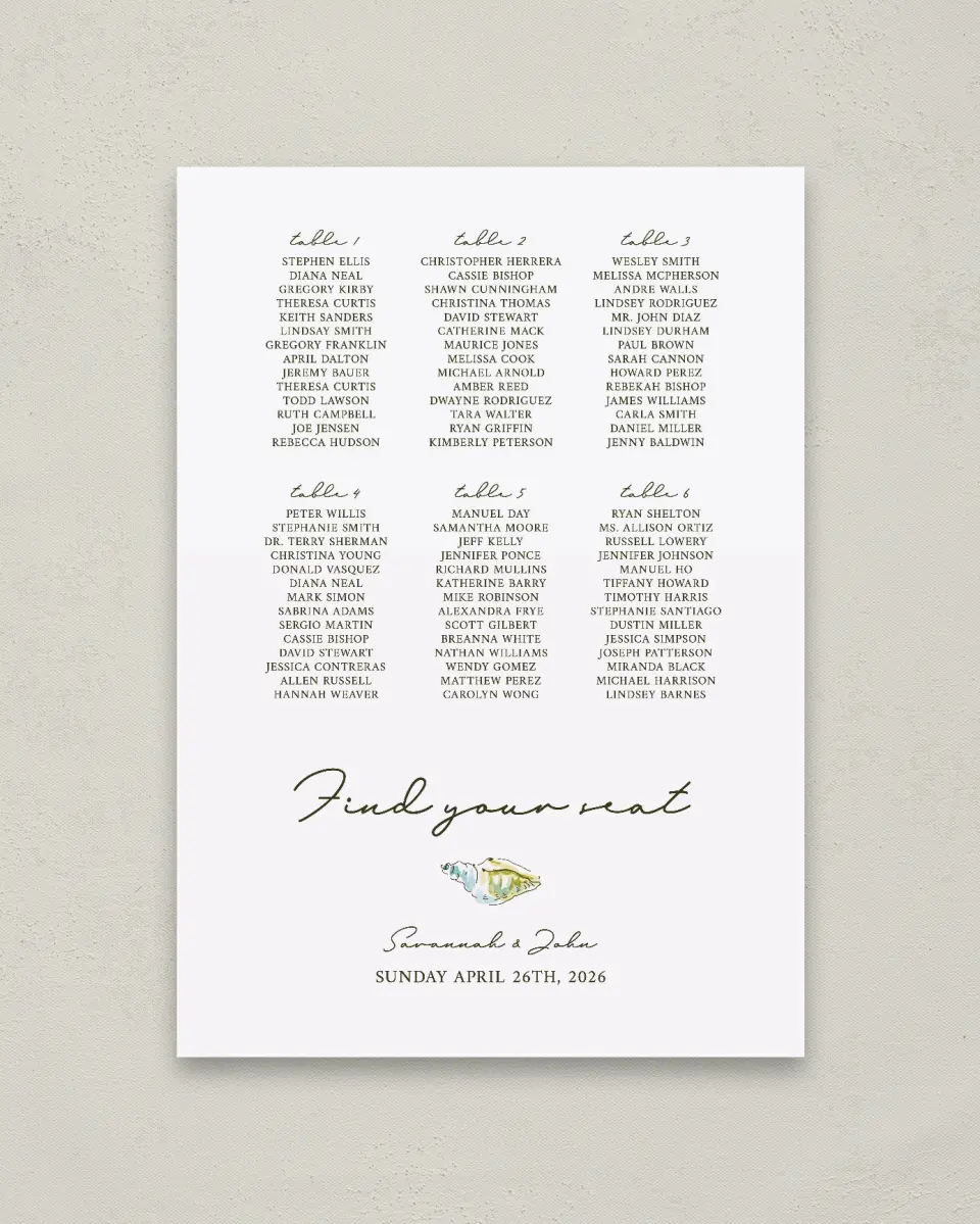 This is a 20" x 28" Seating Chart Sign called Whimsical Shells printed in full color