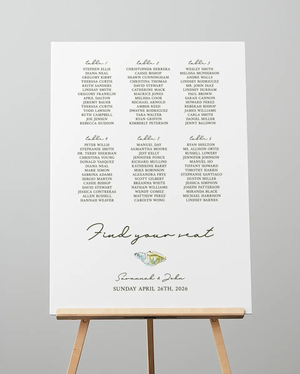 This is a 20" x 28" Seating Chart Sign called Whimsical Shells printed in full color