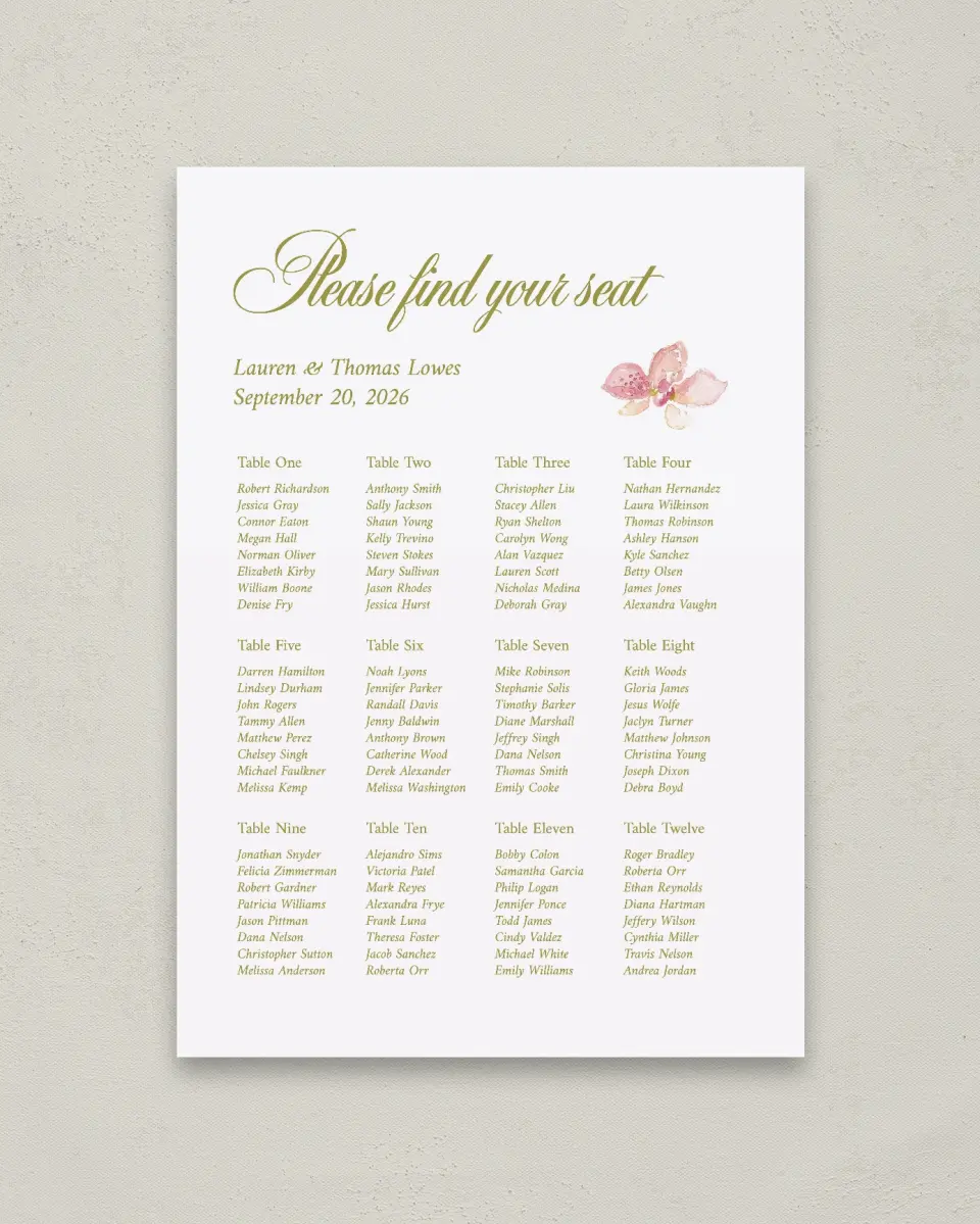 This is a 20" x 28" Seating Chart Sign called Paradise in Bloom printed in full color