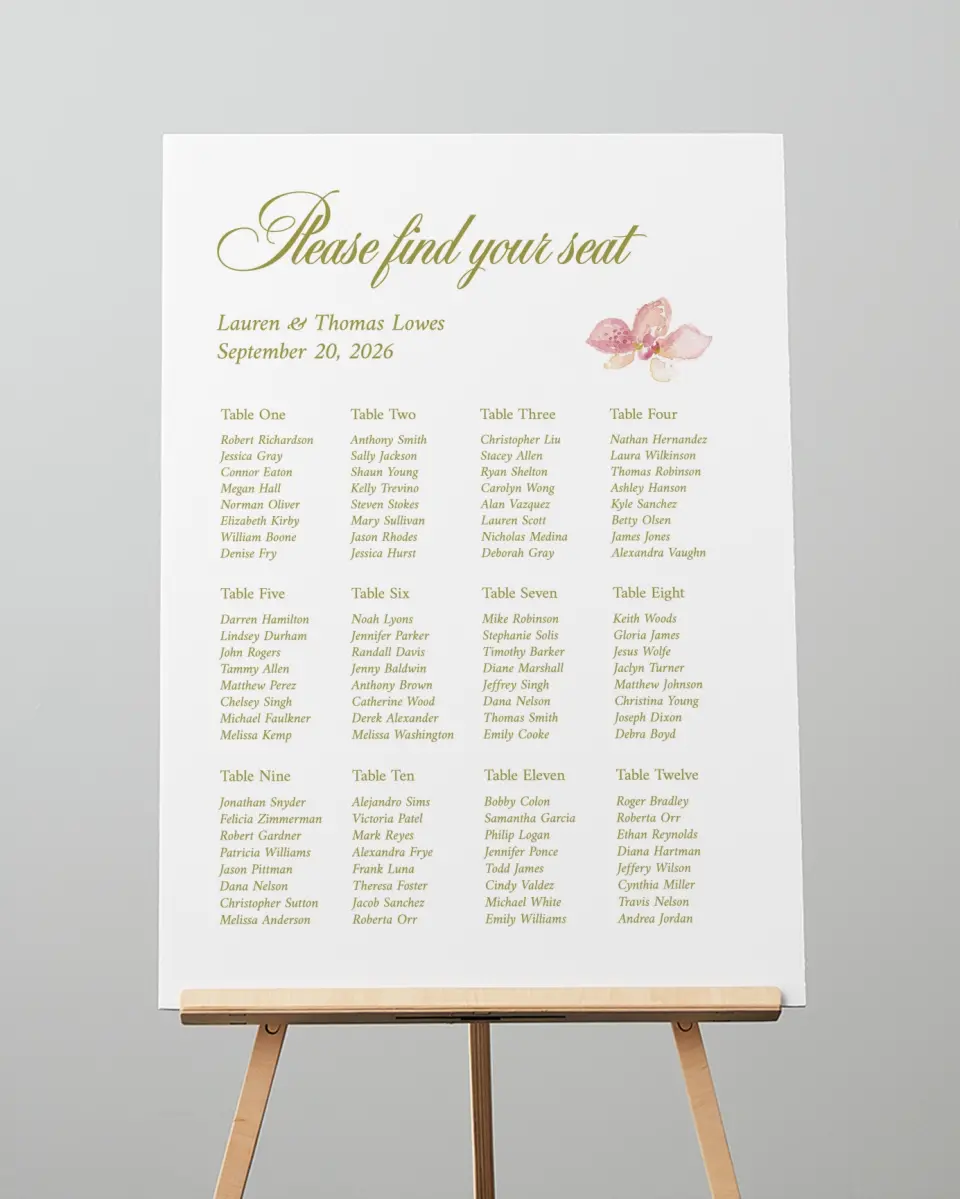 This is a 20" x 28" Seating Chart Sign called Paradise in Bloom printed in full color