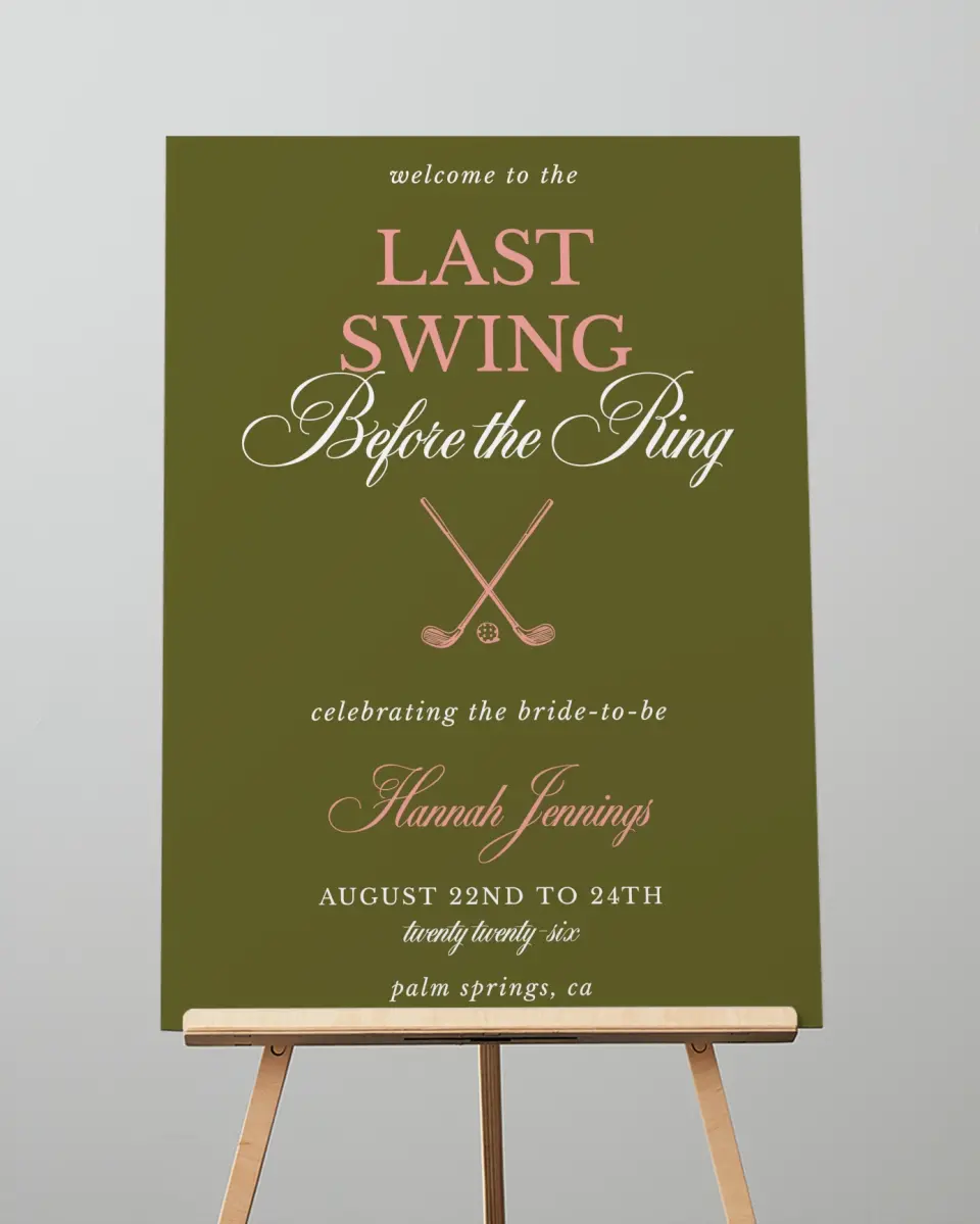This is a 20" x 28" Welcome Sign called Last Swing printed in full color