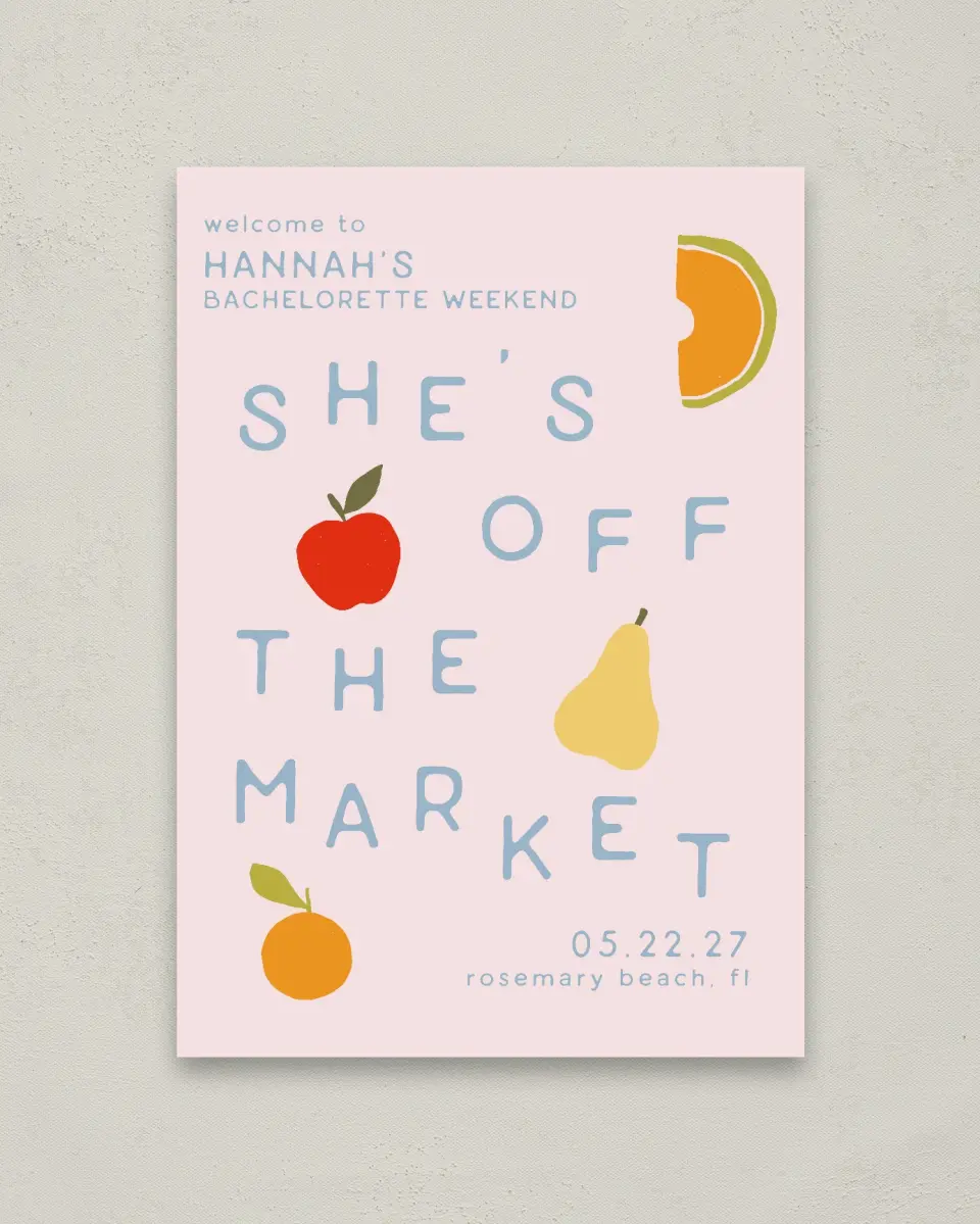 This is a 20" x 28" Welcome Sign called She's Off the Market printed in full color