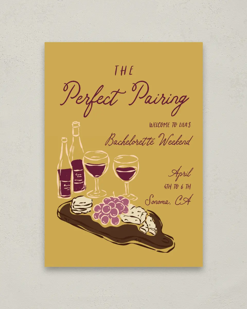 This is a 20" x 28" Welcome Sign called The Perfect Pairing printed in full color with Silver foil