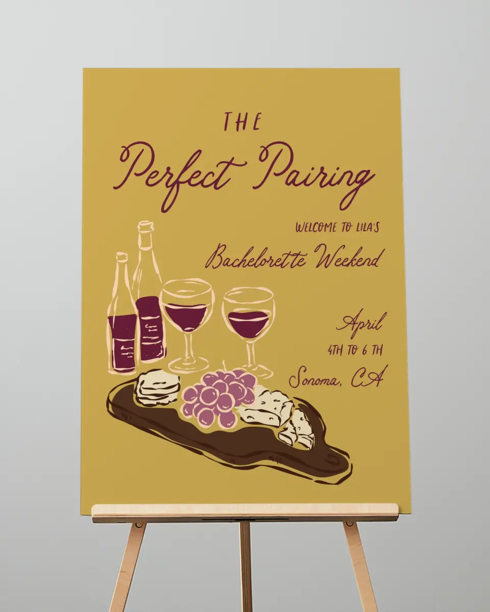 This is a 20" x 28" Welcome Sign called The Perfect Pairing printed in full color with Rose Gold foil