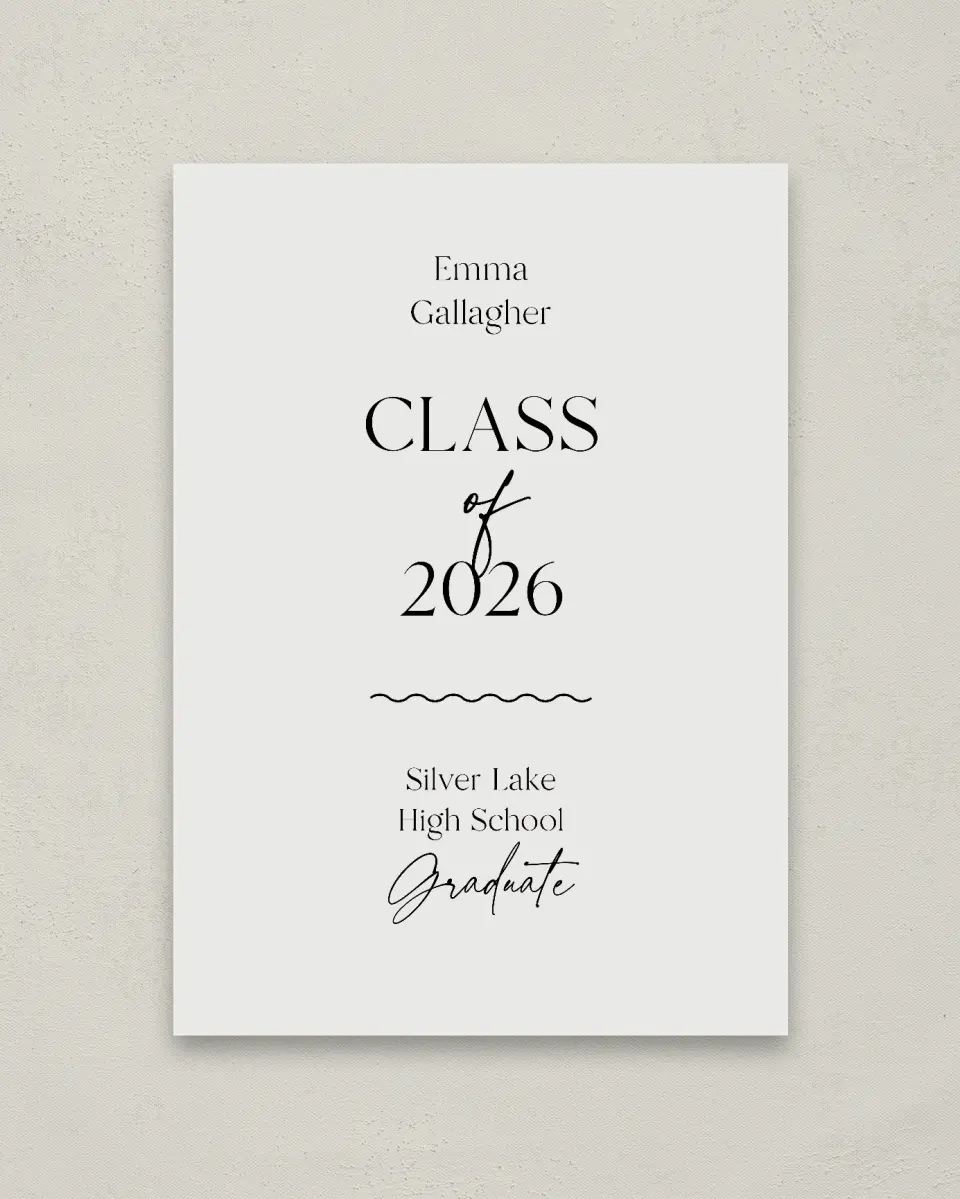 This is a 20" x 28" Welcome Grad Sign called Effortless Edge printed in full color