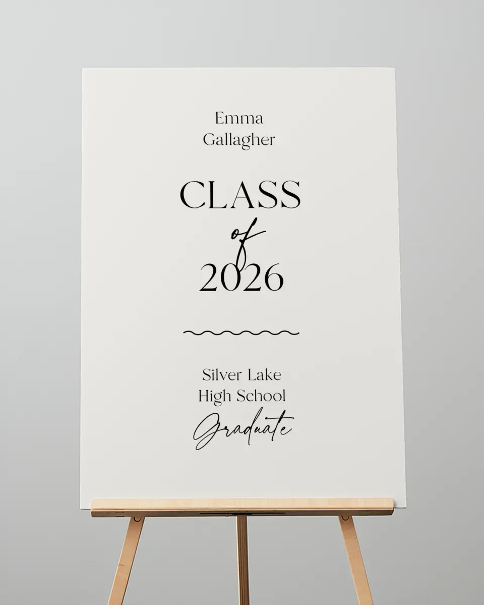 This is a 20" x 28" Welcome Grad Sign called Effortless Edge printed in full color
