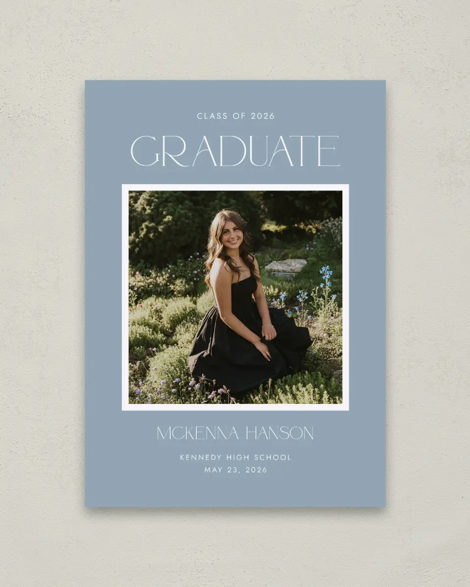 This is a 20" x 28" Welcome Grad Sign called Graceful Grad printed in full color with Gold foil