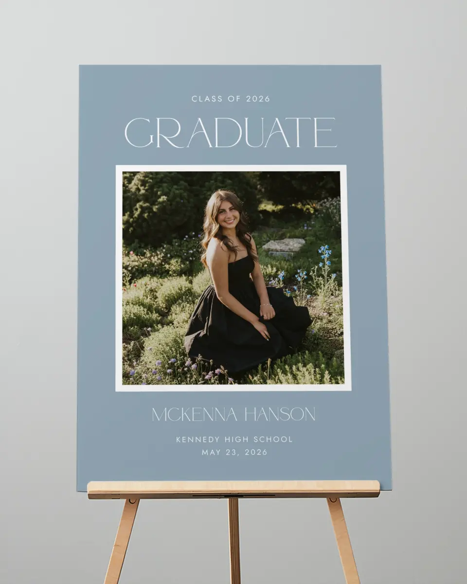 This is a 20" x 28" Welcome Grad Sign called Graceful Grad printed in full color with Gold foil
