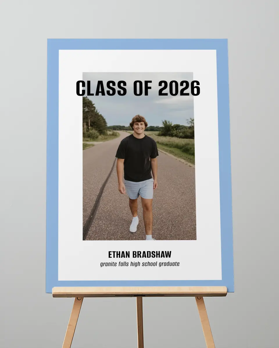 This is a 20" x 28" Welcome Grad Sign called Clean Cut printed in full color