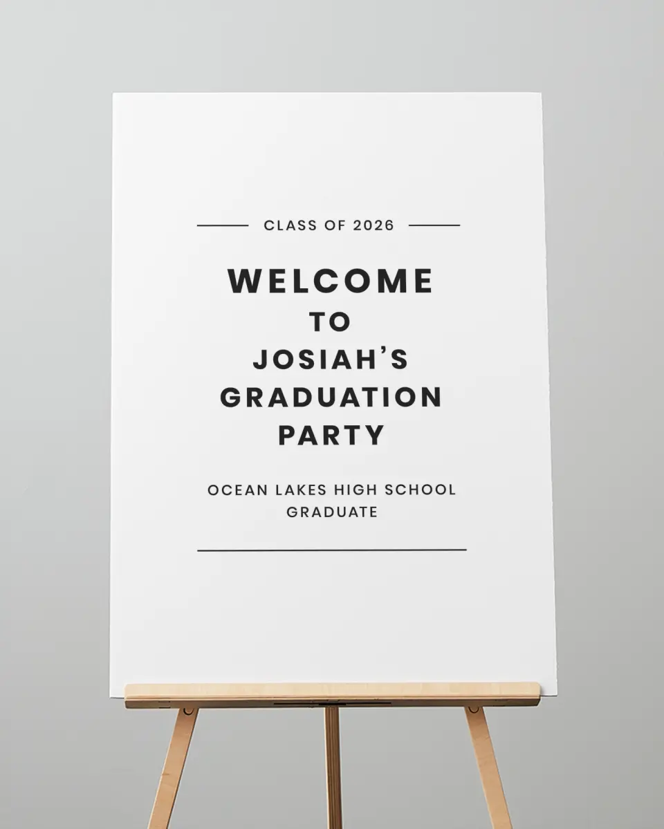 This is a 20" x 28" Welcome Grad Sign called Simple Stroll printed in full color