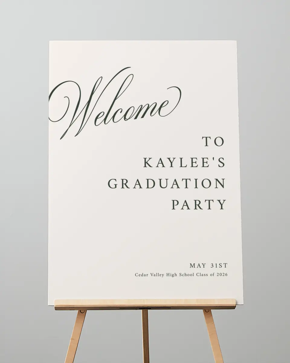 This is a 20" x 28" Welcome Grad Sign called Grand Flourish printed in full color